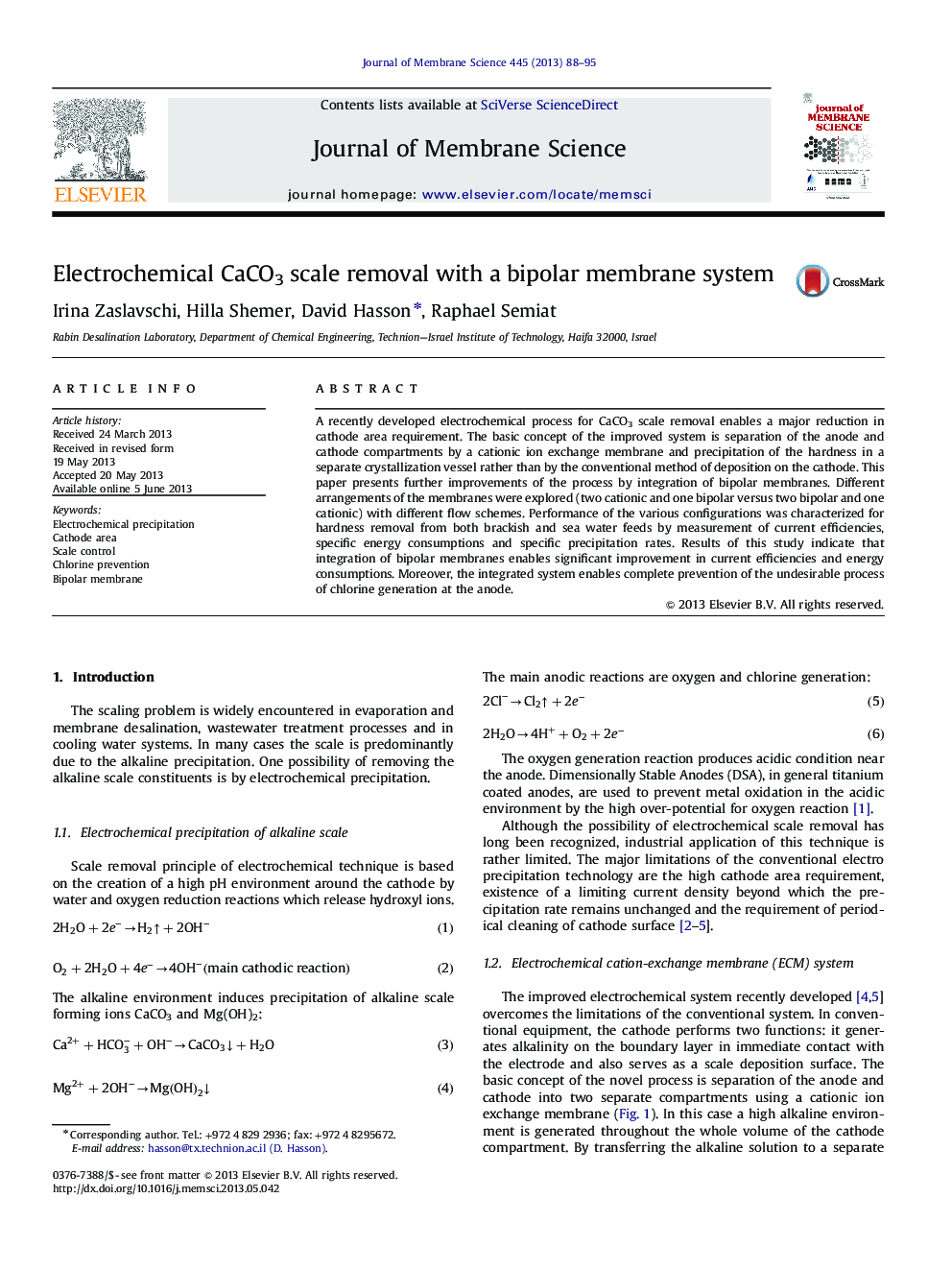 عکس صفحه اول مقاله: Electrochemical CaCO3 scale removal with a bipolar membrane system Electrochemical CaCO3 scale removal with a bipolar membrane system