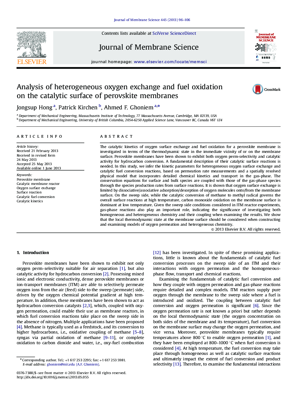 عکس صفحه اول مقاله: Analysis of heterogeneous oxygen exchange and fuel oxidation on the catalytic surface of perovskite membranes Analysis of heterogeneous oxygen exchange and fuel oxidation on the catalytic surface of perovskite membranes