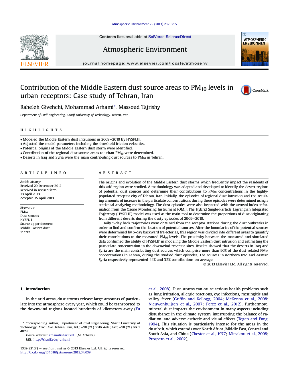 Contribution of the Middle Eastern dust source areas to PM10 levels in urban receptors: Case study of Tehran, Iran