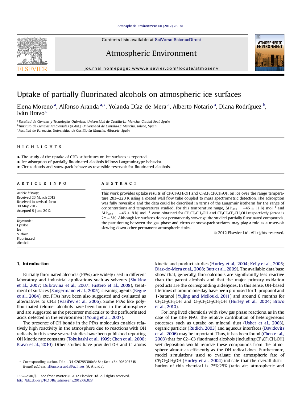 Uptake of partially fluorinated alcohols on atmospheric ice surfaces