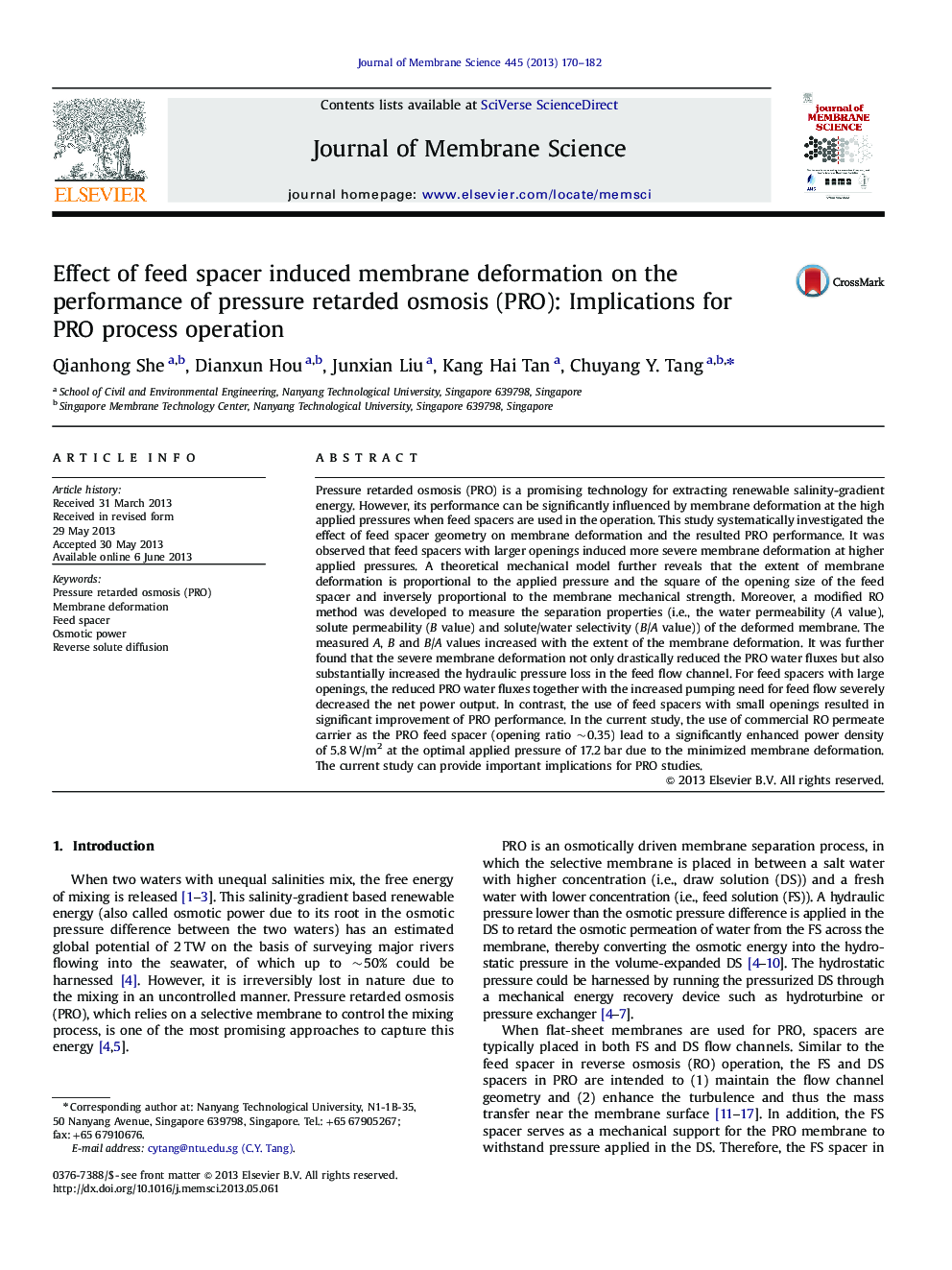 عکس صفحه اول مقاله: Effect of feed spacer induced membrane deformation on the performance of pressure retarded osmosis (PRO): Implications for PRO process operation Effect of feed spacer induced membrane deformation on the performance of pressure retarded osmosis (PRO): Implications for PRO process operation