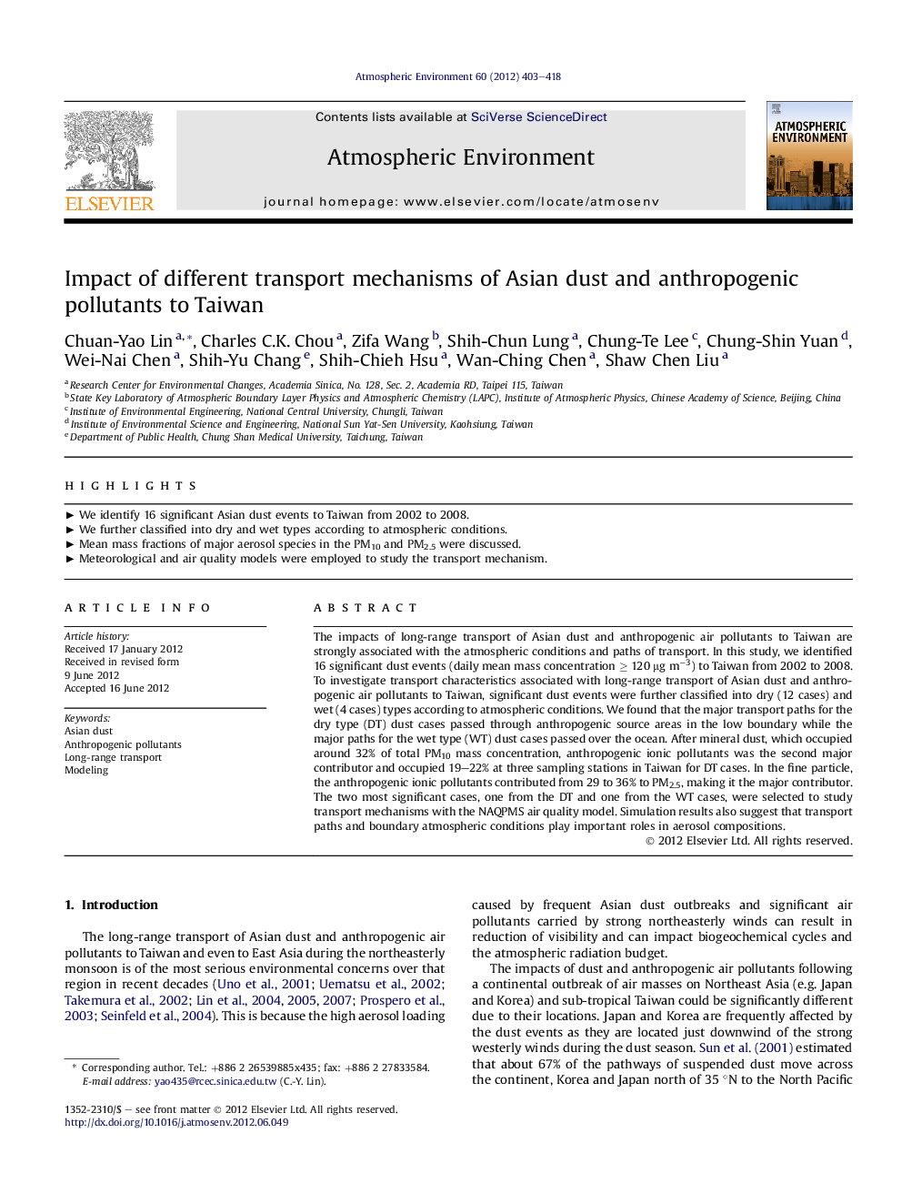 Impact of different transport mechanisms of Asian dust and anthropogenic pollutants to Taiwan