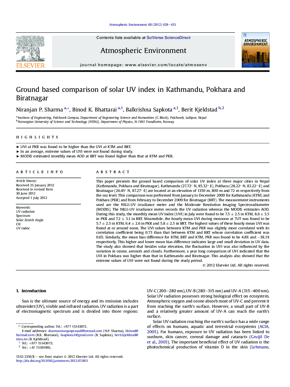 Ground based comparison of solar UV index in Kathmandu, Pokhara and Biratnagar