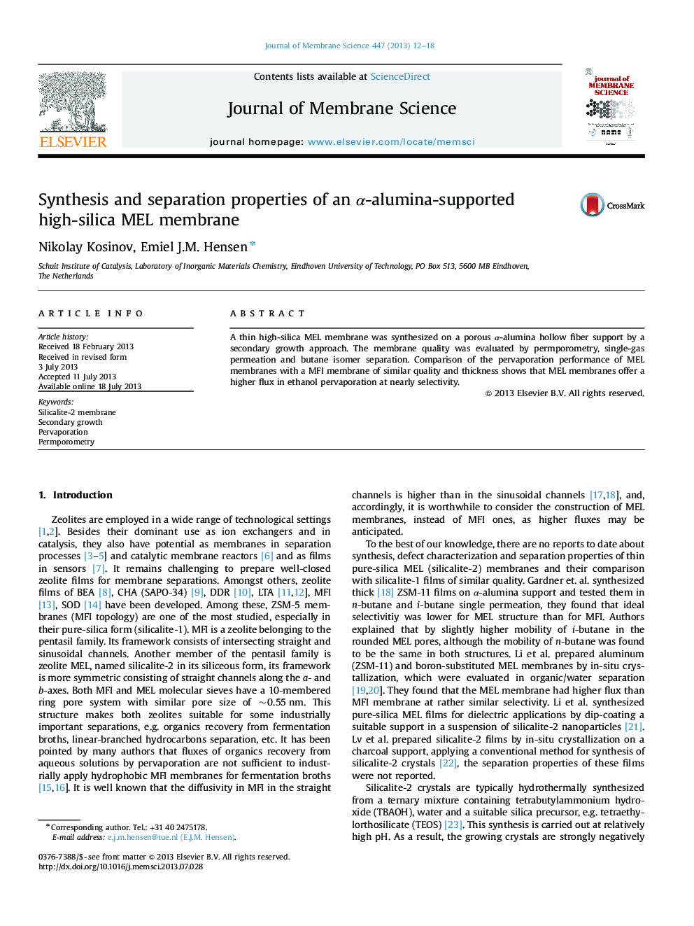 Synthesis and separation properties of an α-alumina-supported high-silica MEL membrane