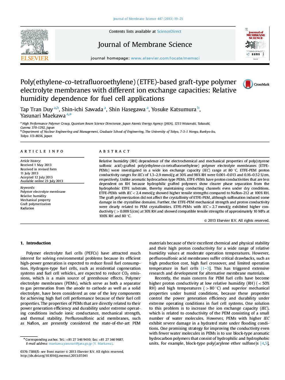 Poly(ethylene-co-tetrafluoroethylene) (ETFE)-based graft-type polymer electrolyte membranes with different ion exchange capacities: Relative humidity dependence for fuel cell applications