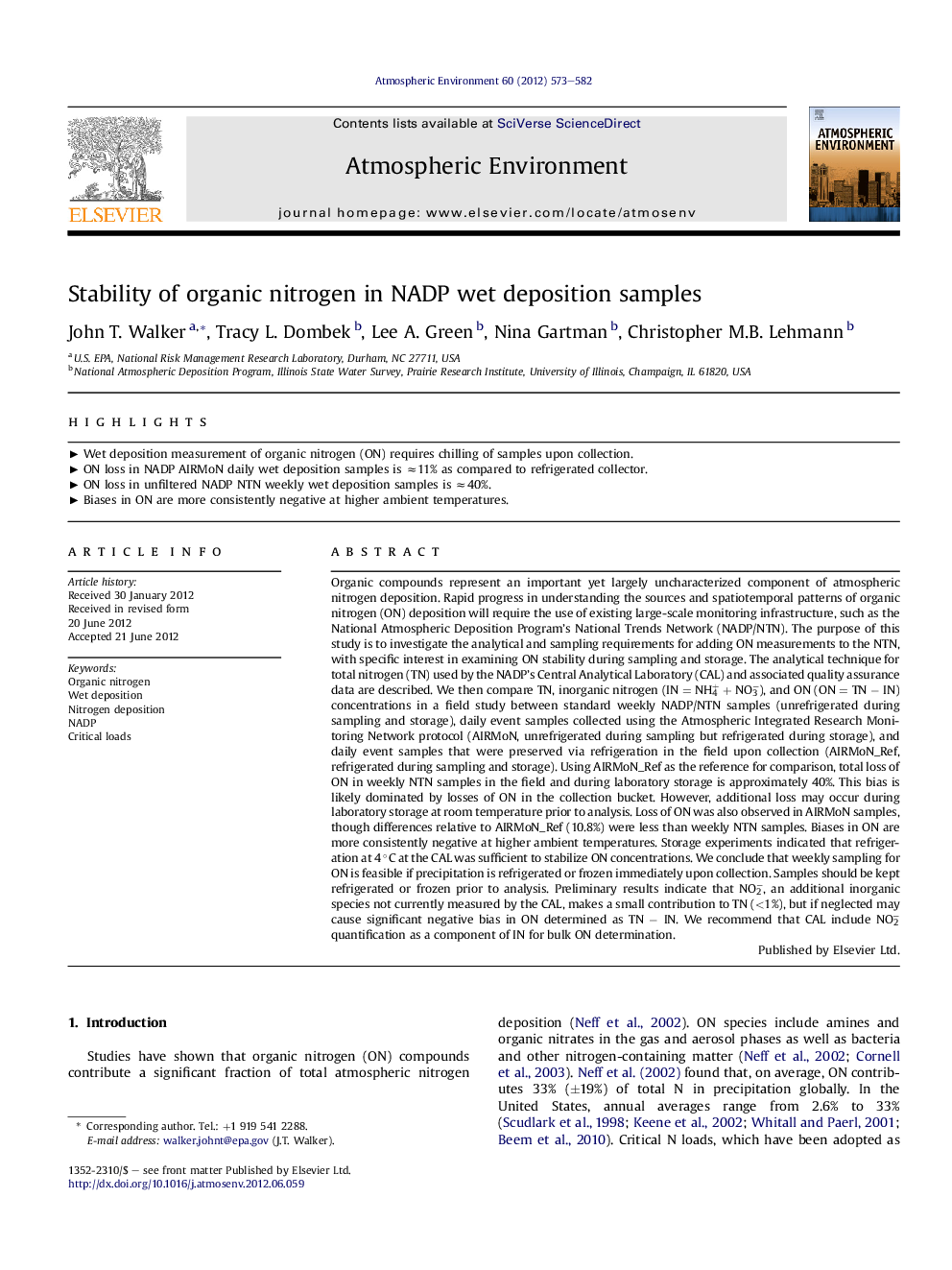 Stability of organic nitrogen in NADP wet deposition samples