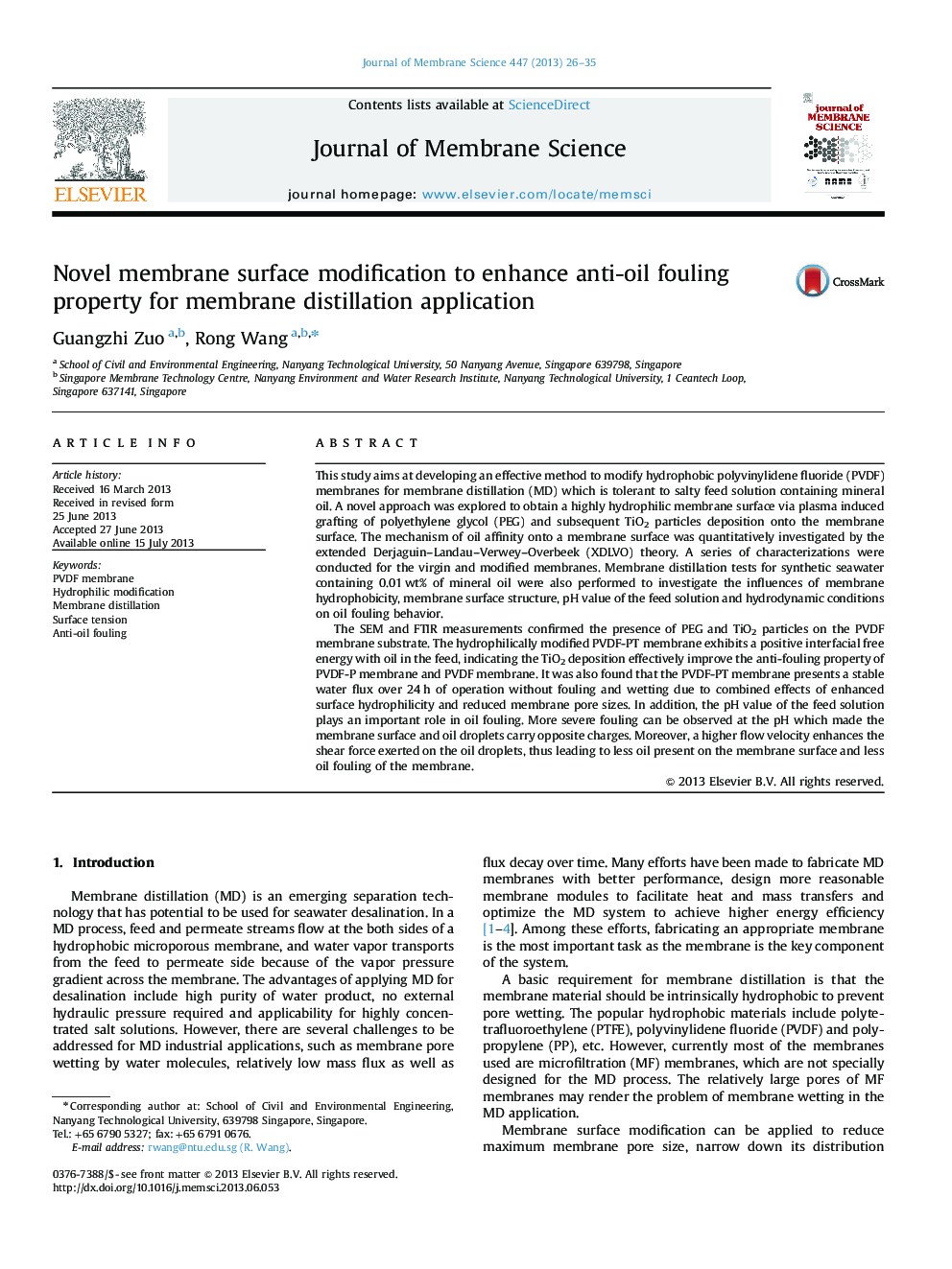 Novel membrane surface modification to enhance anti-oil fouling property for membrane distillation application