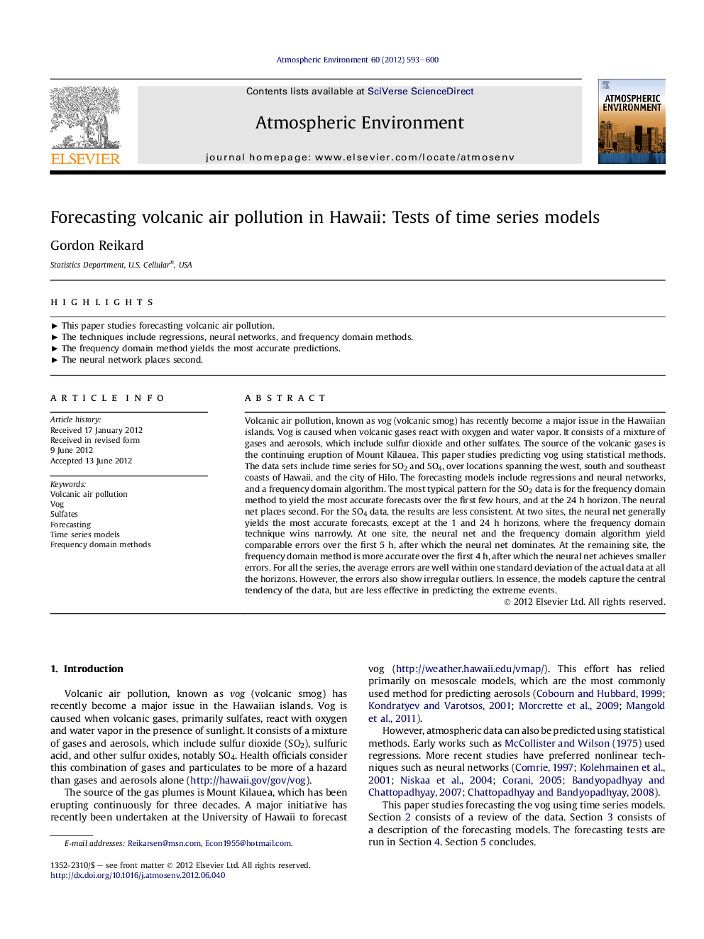 Forecasting volcanic air pollution in Hawaii: Tests of time series models