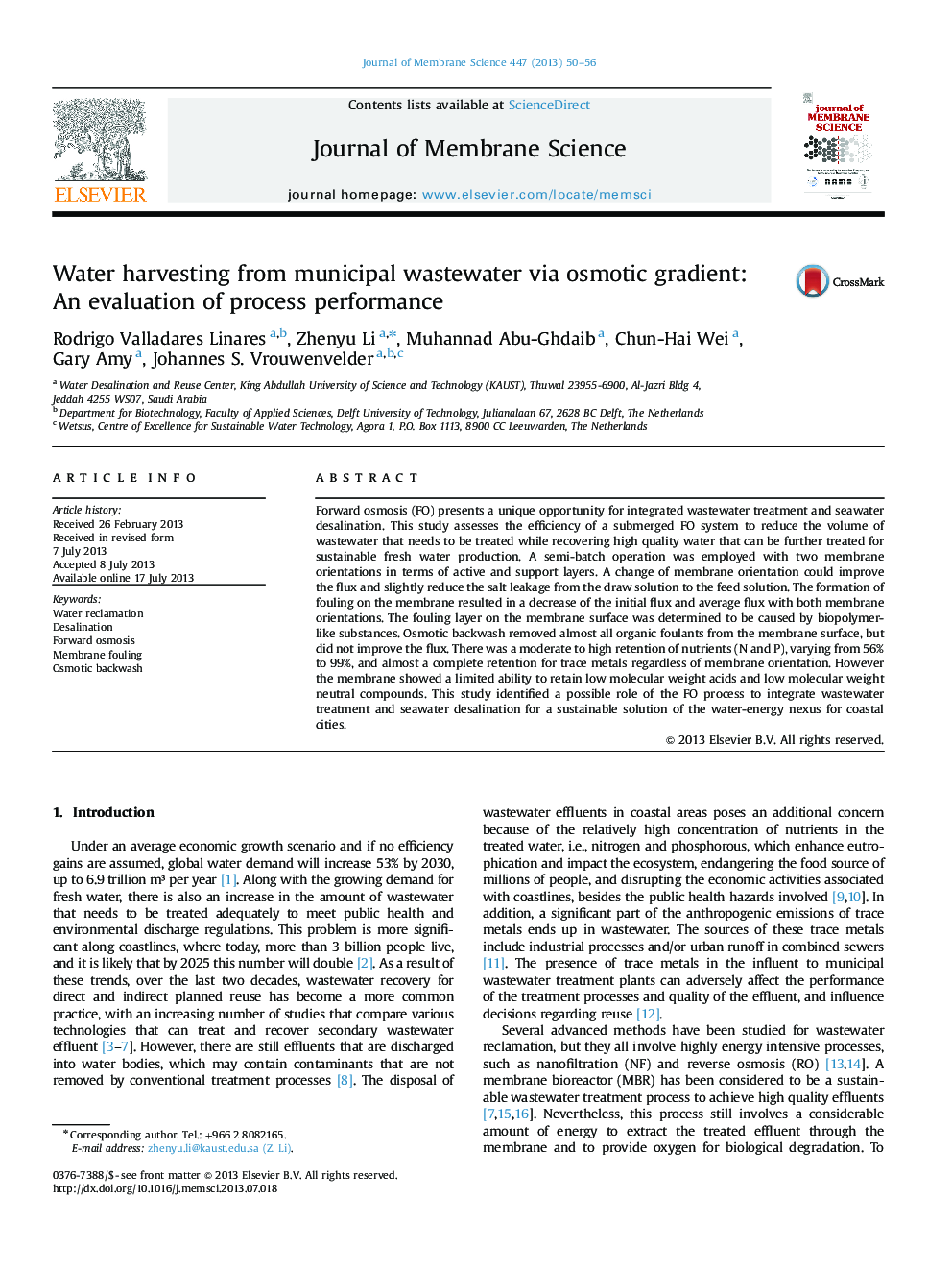 Water harvesting from municipal wastewater via osmotic gradient: An evaluation of process performance