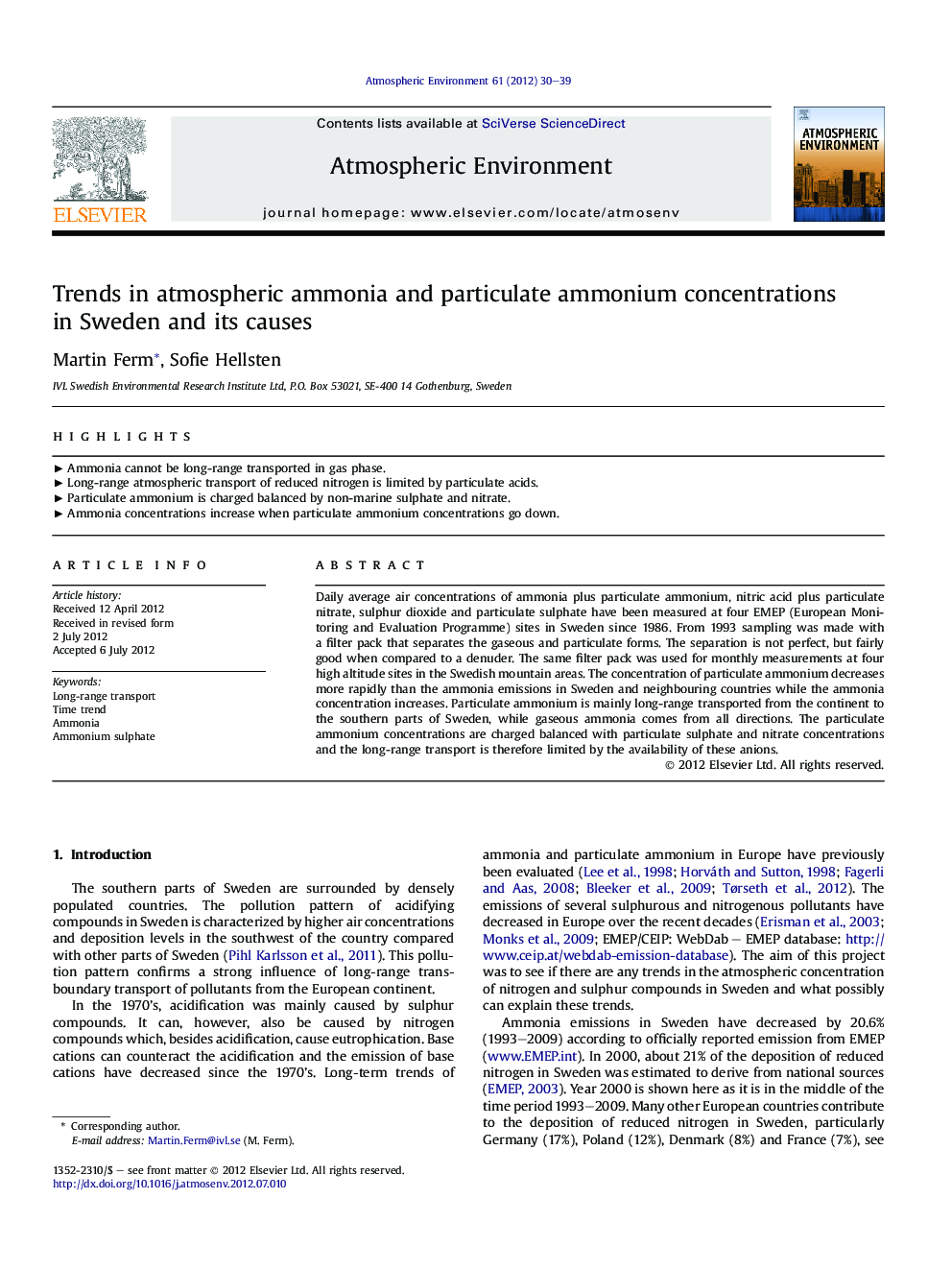 Trends in atmospheric ammonia and particulate ammonium concentrations in Sweden and its causes