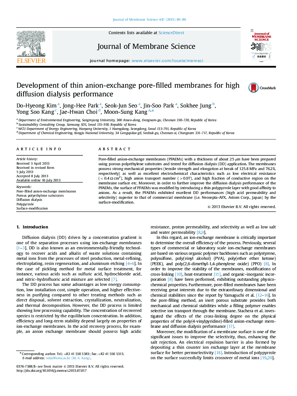 عکس صفحه اول مقاله: Development of thin anion-exchange pore-filled membranes for high diffusion dialysis performance Development of thin anion-exchange pore-filled membranes for high diffusion dialysis performance