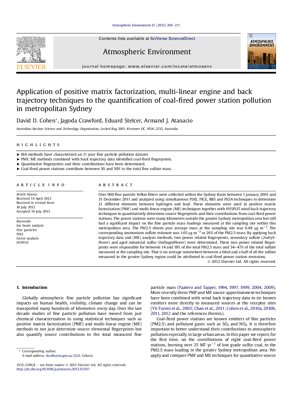 Application of positive matrix factorization, multi-linear engine and back trajectory techniques to the quantification of coal-fired power station pollution in metropolitan Sydney