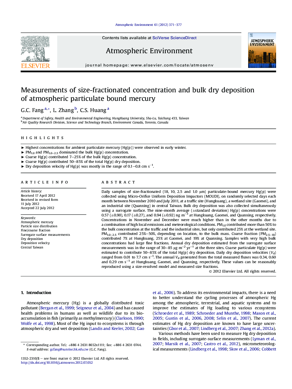 Measurements of size-fractionated concentration and bulk dry deposition of atmospheric particulate bound mercury