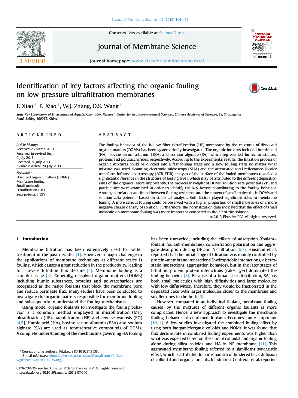 Identification of key factors affecting the organic fouling on low-pressure ultrafiltration membranes