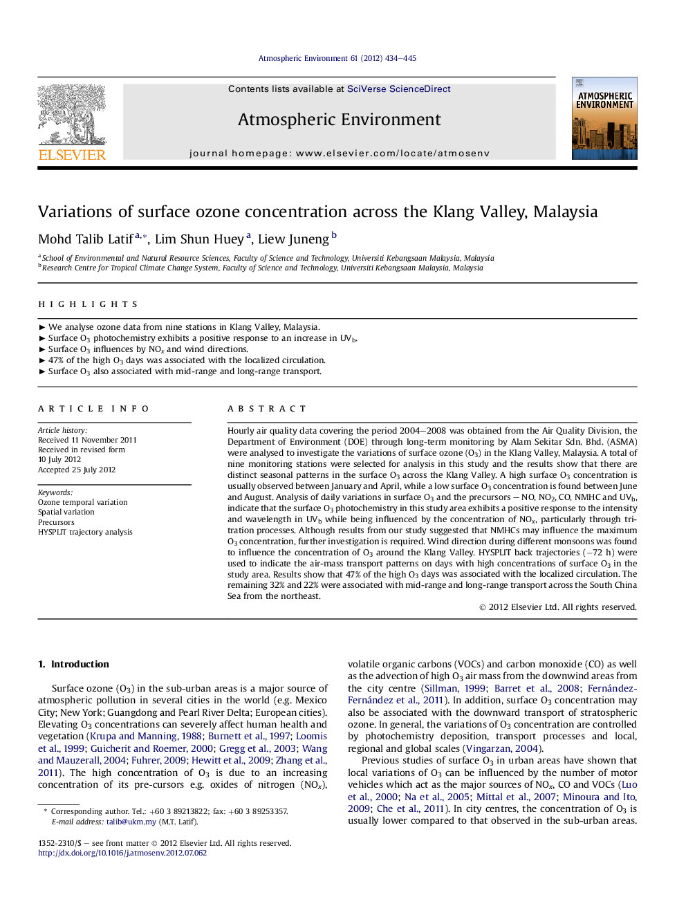 Variations of surface ozone concentration across the Klang Valley, Malaysia