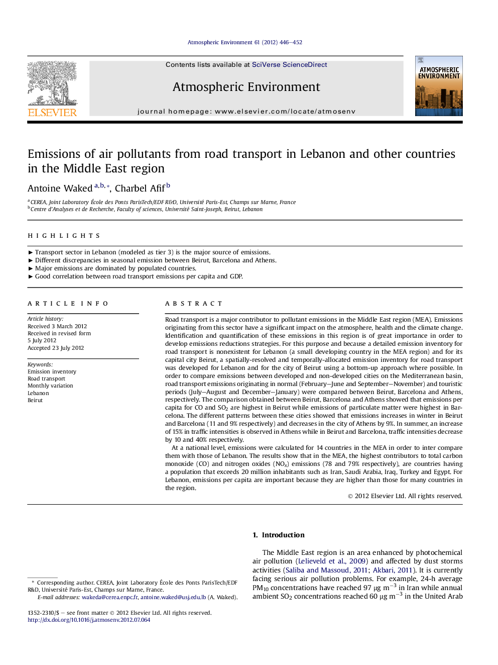 Emissions of air pollutants from road transport in Lebanon and other countries in the Middle East region