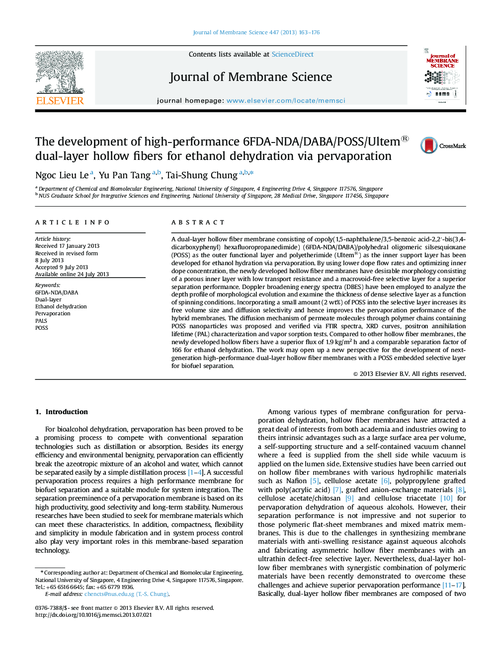 The development of high-performance 6FDA-NDA/DABA/POSS/Ultem® dual-layer hollow fibers for ethanol dehydration via pervaporation