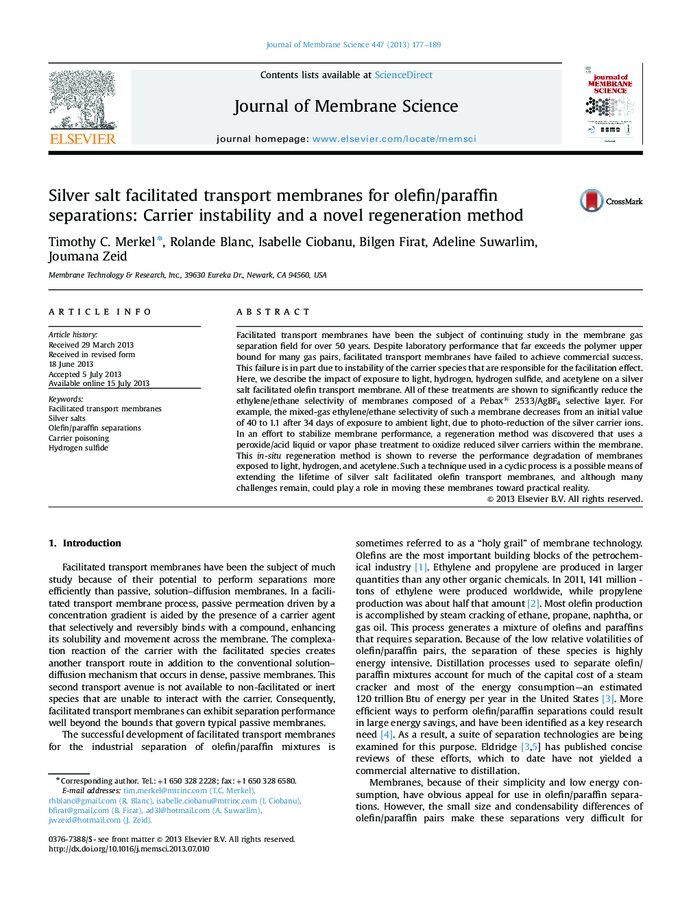 Silver salt facilitated transport membranes for olefin/paraffin separations: Carrier instability and a novel regeneration method
