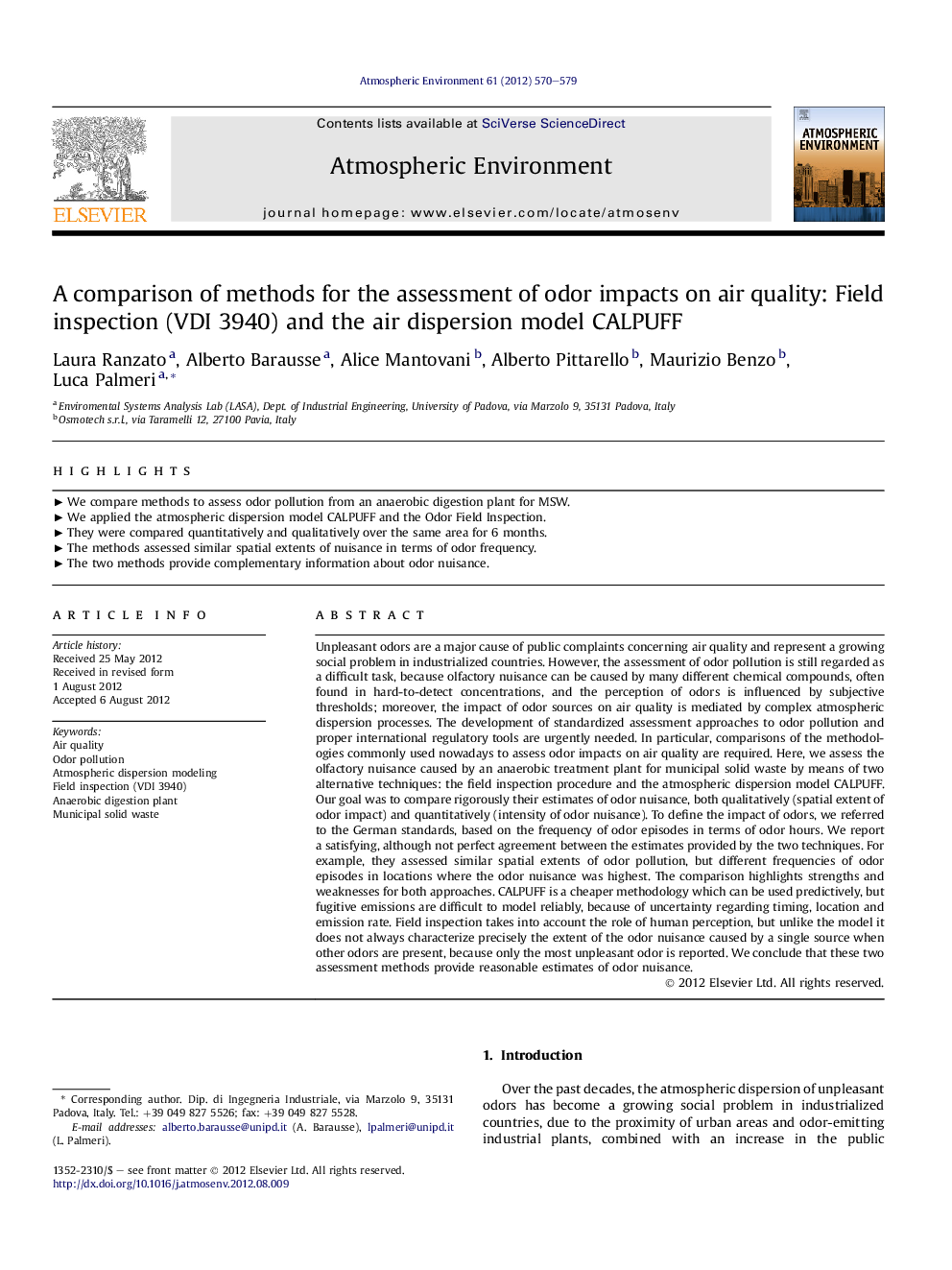 A comparison of methods for the assessment of odor impacts on air quality: Field inspection (VDI 3940) and the air dispersion model CALPUFF