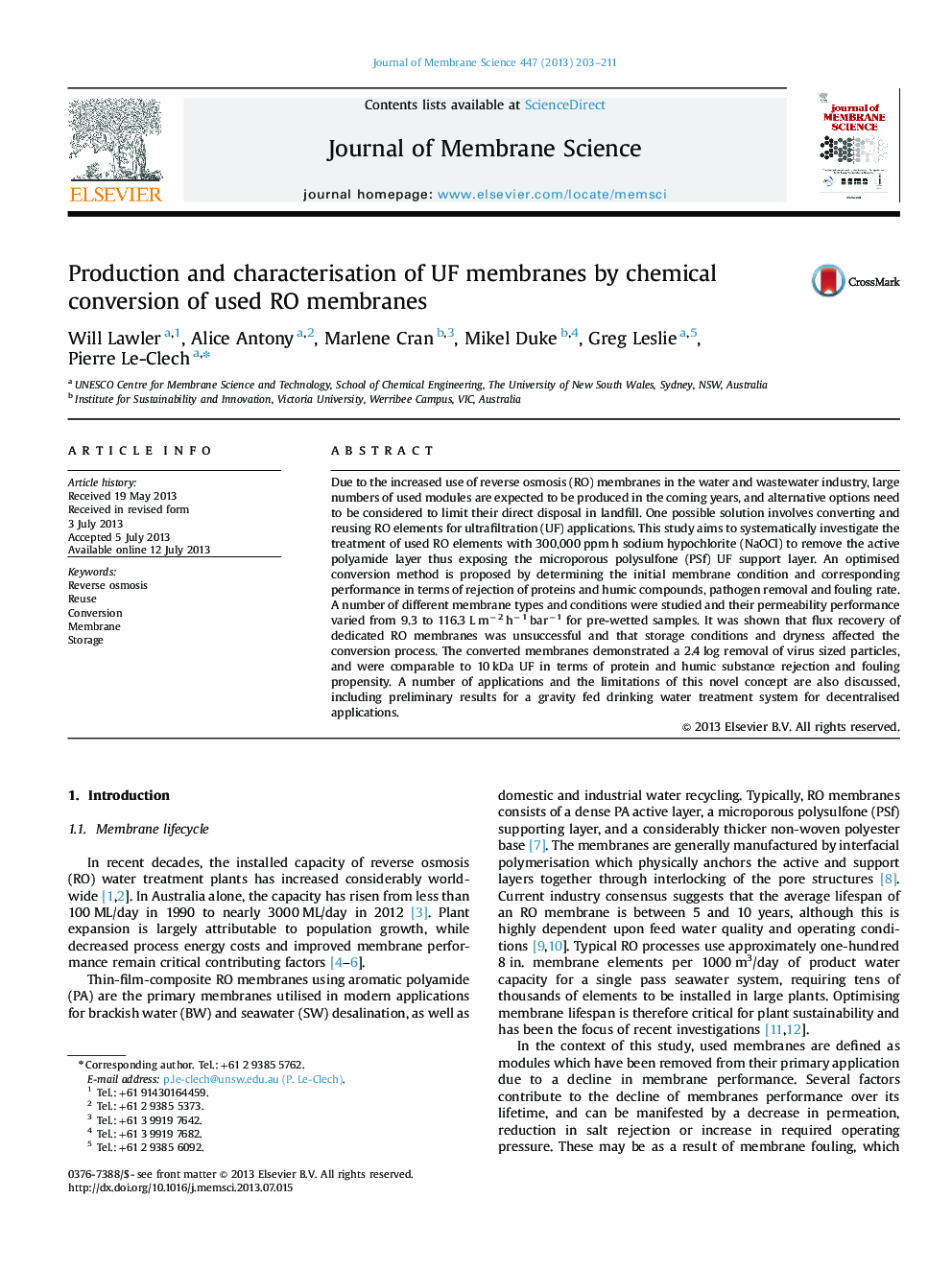 Production and characterisation of UF membranes by chemical conversion of used RO membranes