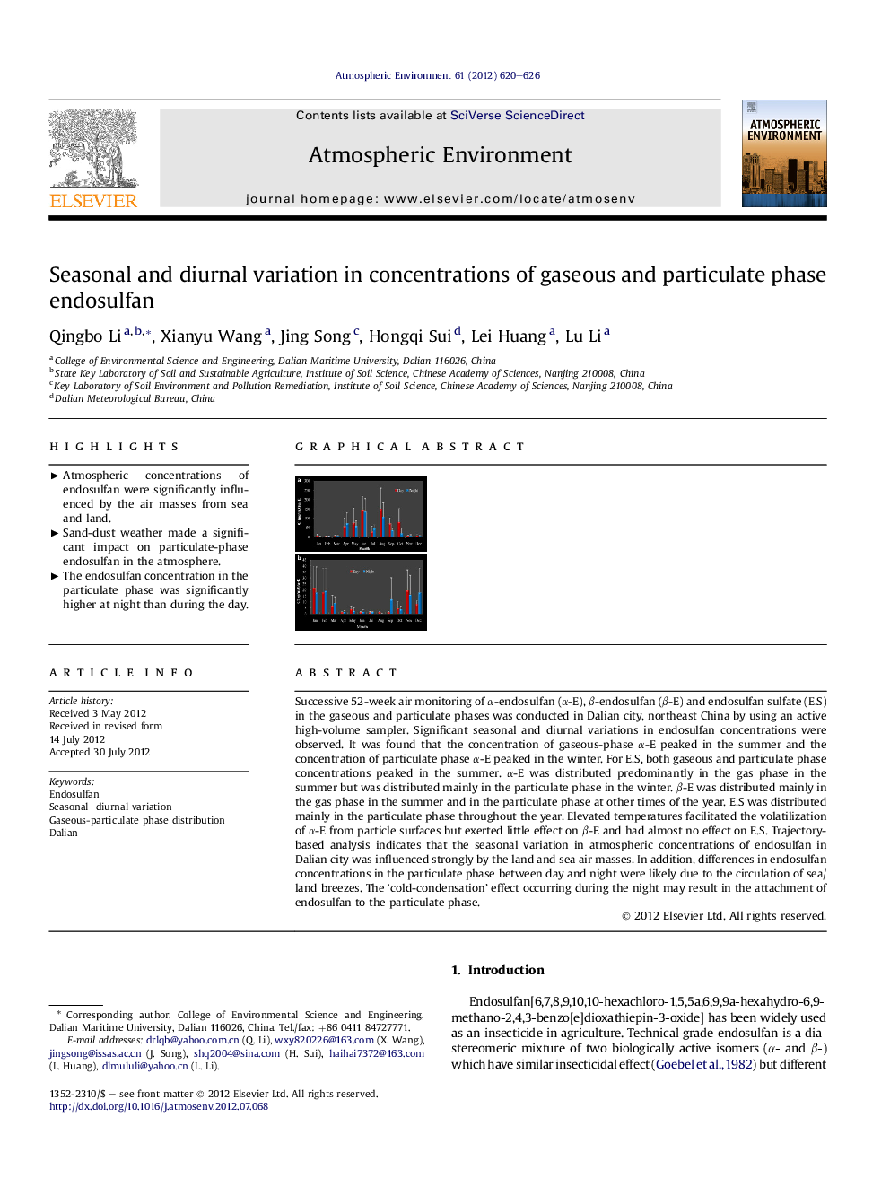 Seasonal and diurnal variation in concentrations of gaseous and particulate phase endosulfan