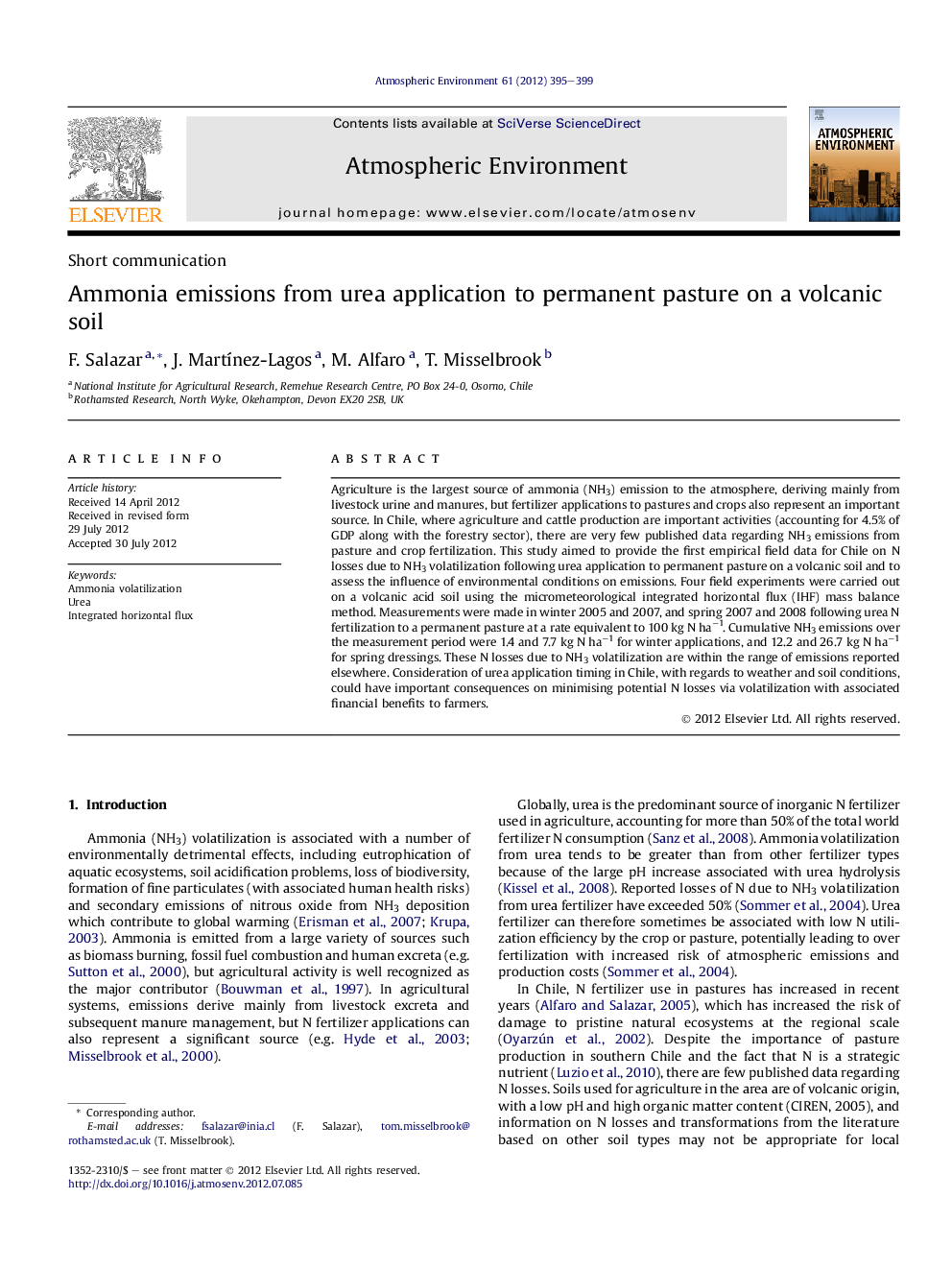 Short communicationAmmonia emissions from urea application to permanent pasture on a volcanic soil