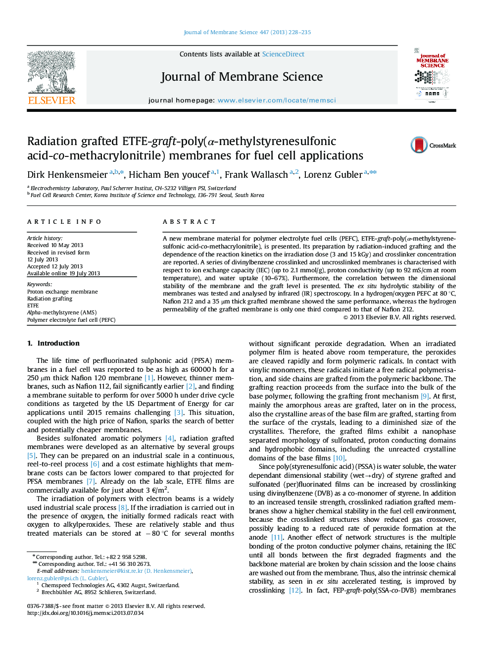 Radiation grafted ETFE-graft-poly(α-methylstyrenesulfonic acid-co-methacrylonitrile) membranes for fuel cell applications