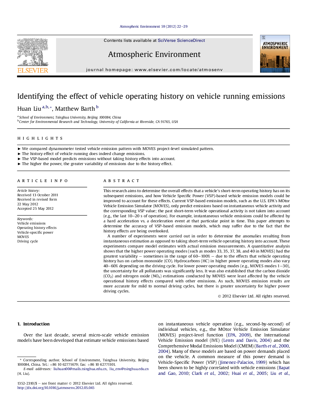 Identifying the effect of vehicle operating history on vehicle running emissions