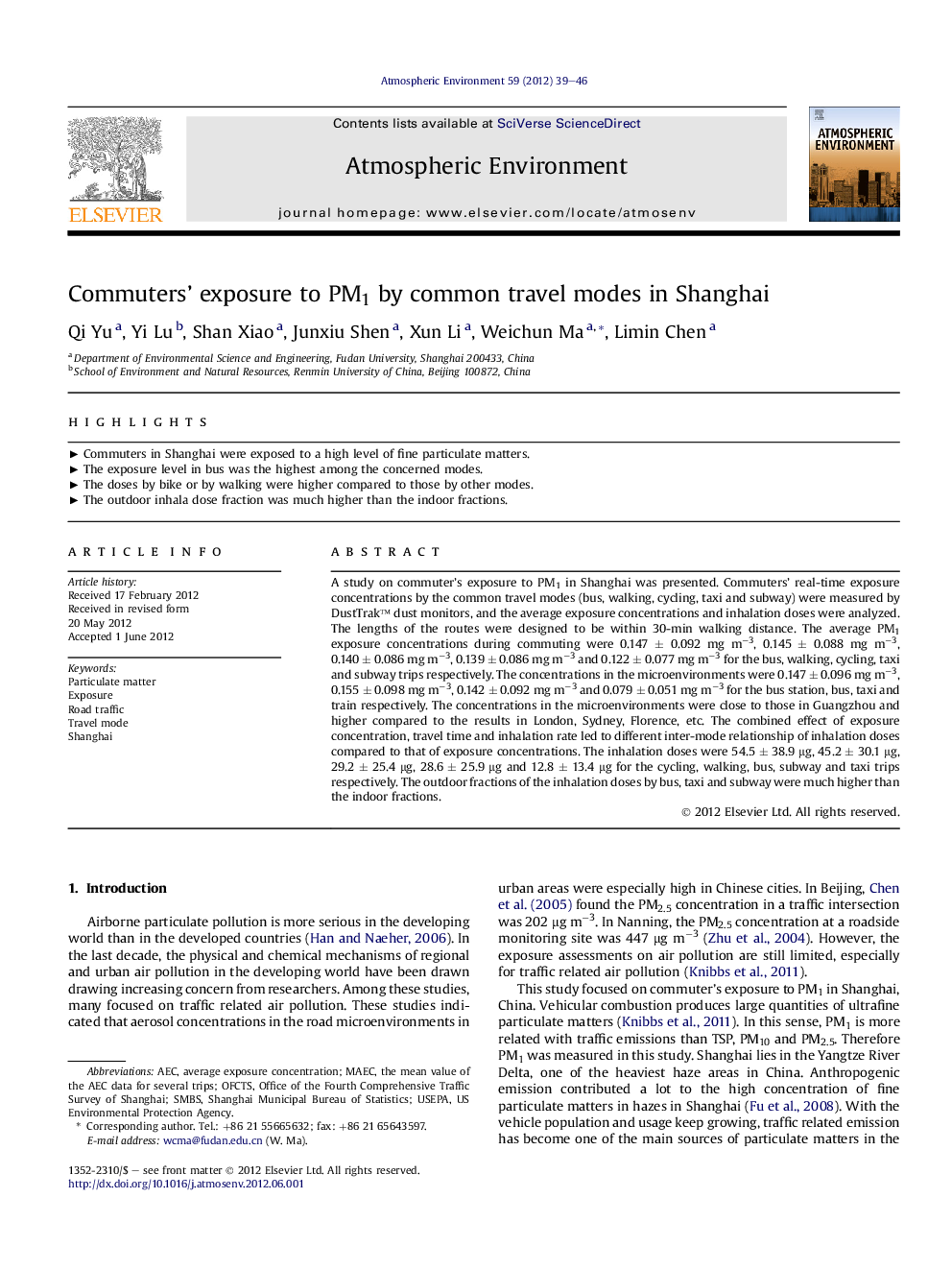 Commuters' exposure to PM1 by common travel modes in Shanghai