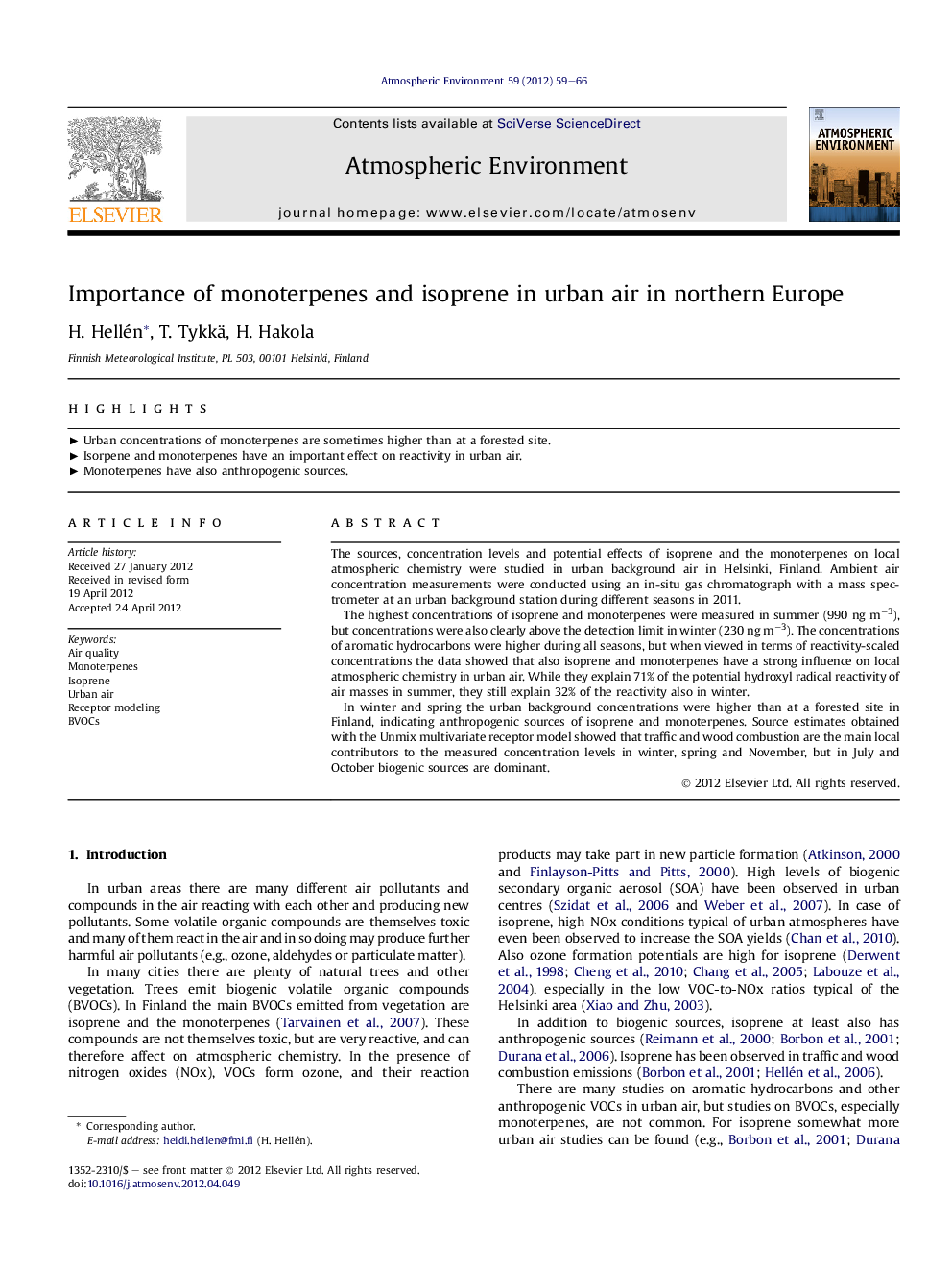 Importance of monoterpenes and isoprene in urban air in northern Europe