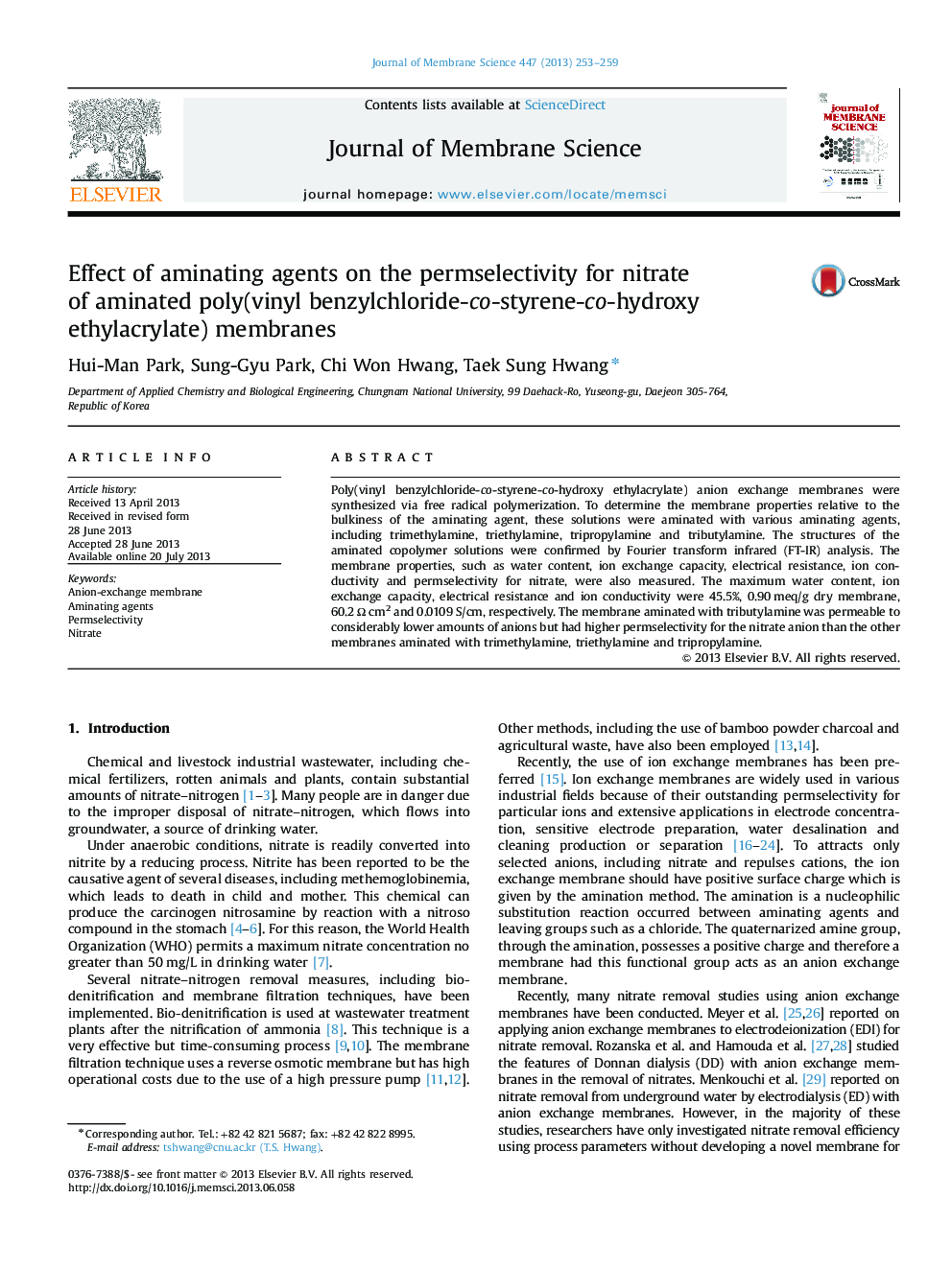 Effect of aminating agents on the permselectivity for nitrate of aminated poly(vinyl benzylchloride-co-styrene-co-hydroxy ethylacrylate) membranes