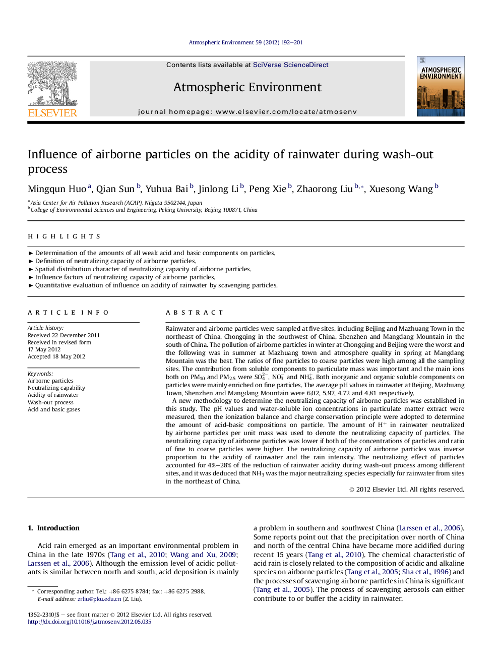 Influence of airborne particles on the acidity of rainwater during wash-out process