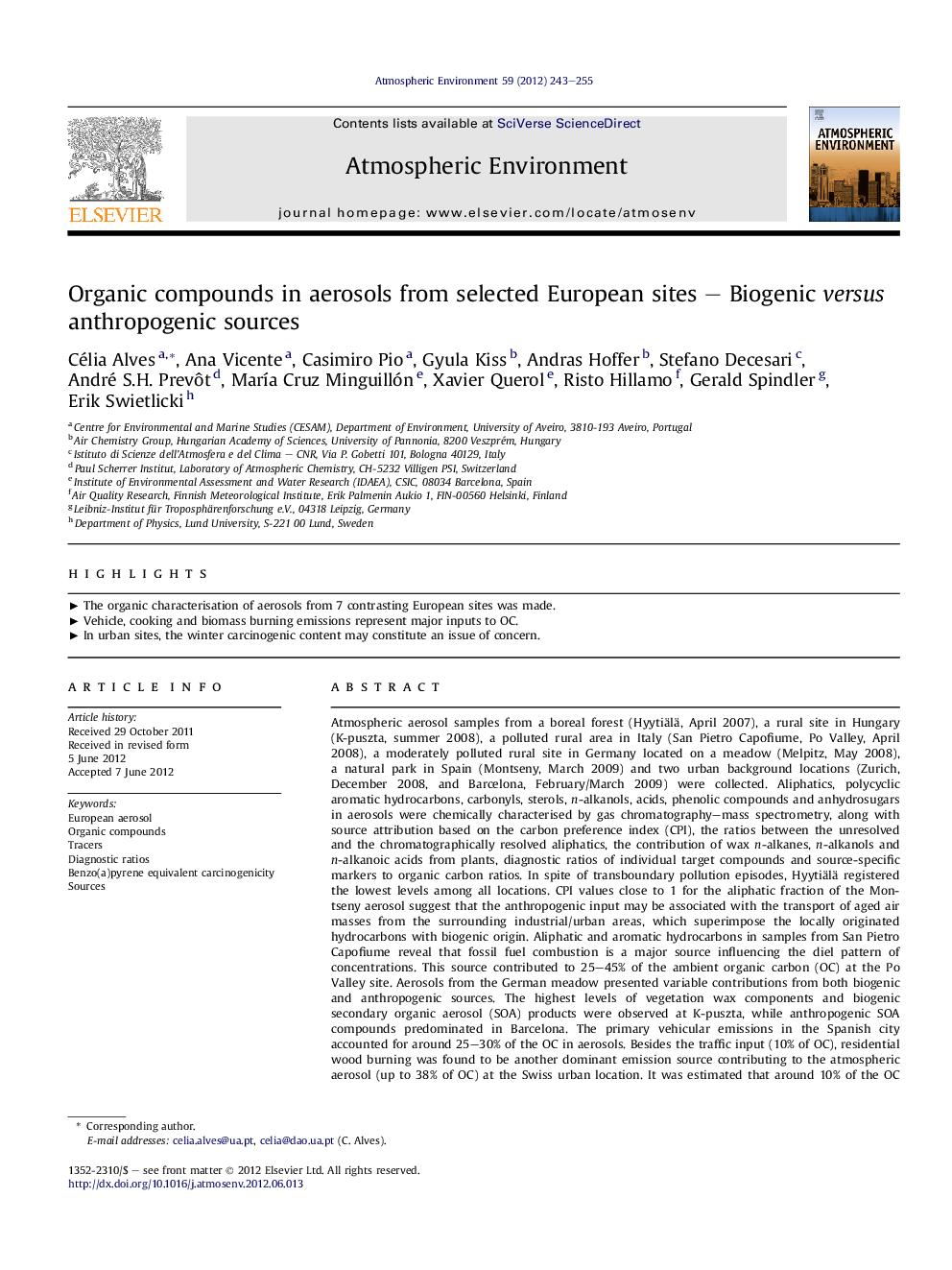 Organic compounds in aerosols from selected European sites - Biogenic versus anthropogenic sources