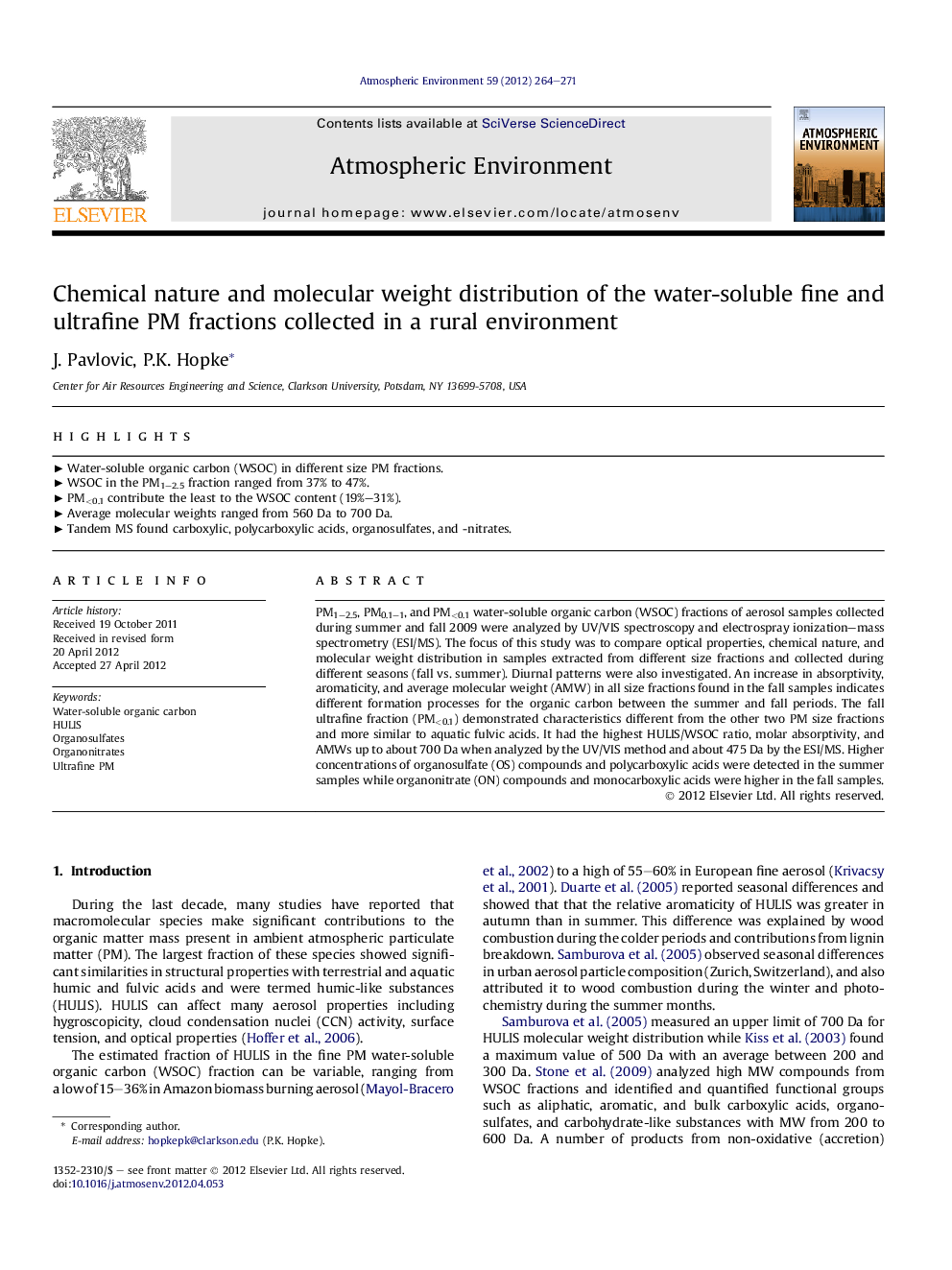 Chemical nature and molecular weight distribution of the water-soluble fine and ultrafine PM fractions collected in a rural environment