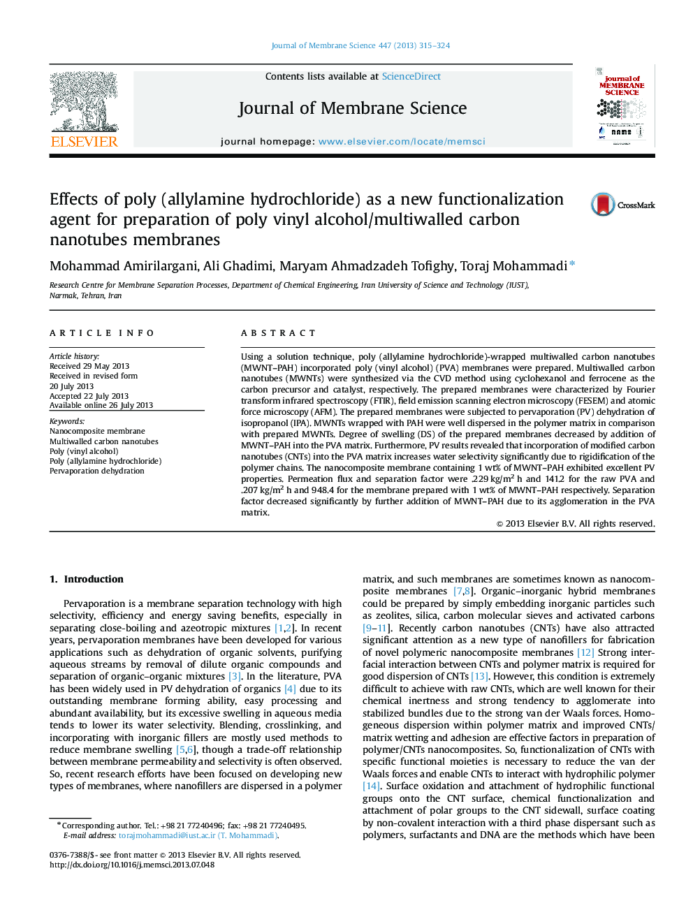 Effects of poly (allylamine hydrochloride) as a new functionalization agent for preparation of poly vinyl alcohol/multiwalled carbon nanotubes membranes