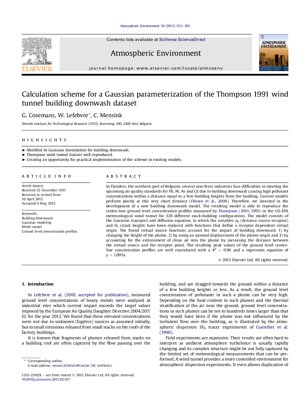 Calculation scheme for a Gaussian parameterization of the Thompson 1991 wind tunnel building downwash dataset