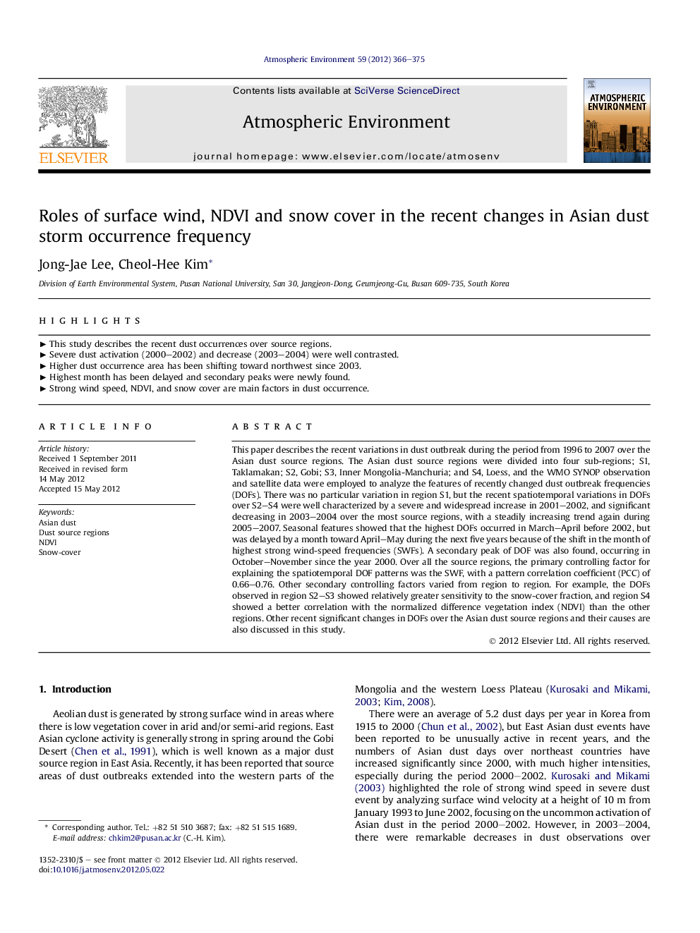 Roles of surface wind, NDVI and snow cover in the recent changes in Asian dust storm occurrence frequency