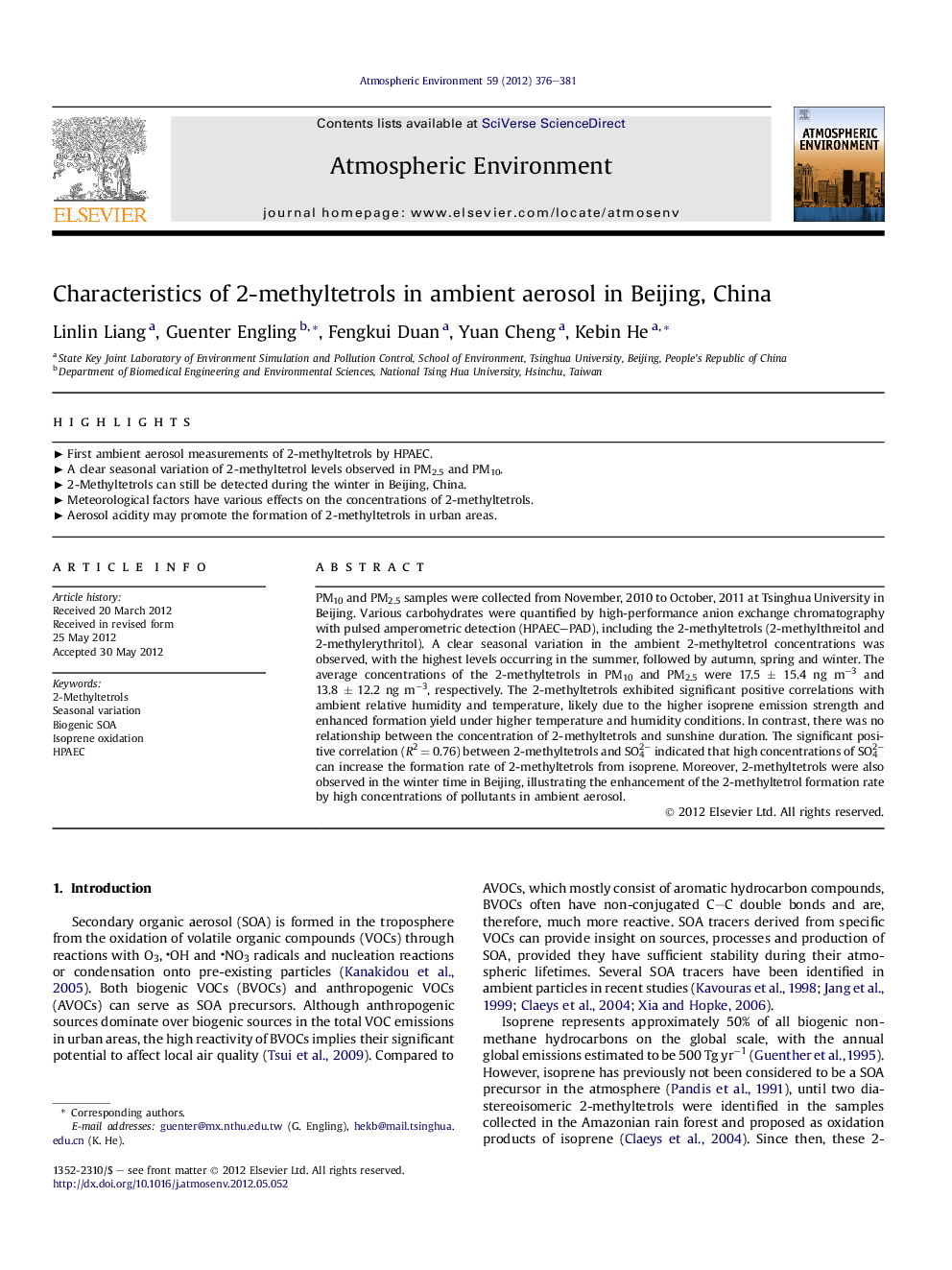 Characteristics of 2-methyltetrols in ambient aerosol in Beijing, China