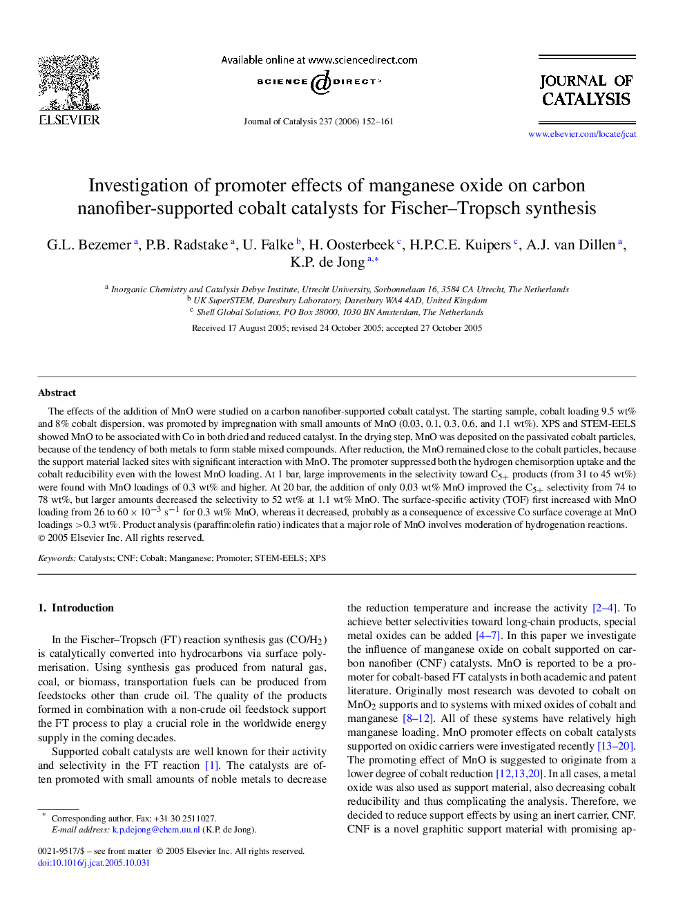 Investigation of promoter effects of manganese oxide on carbon nanofiber-supported cobalt catalysts for Fischer–Tropsch synthesis