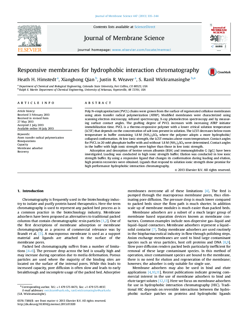 Responsive membranes for hydrophobic interaction chromatography