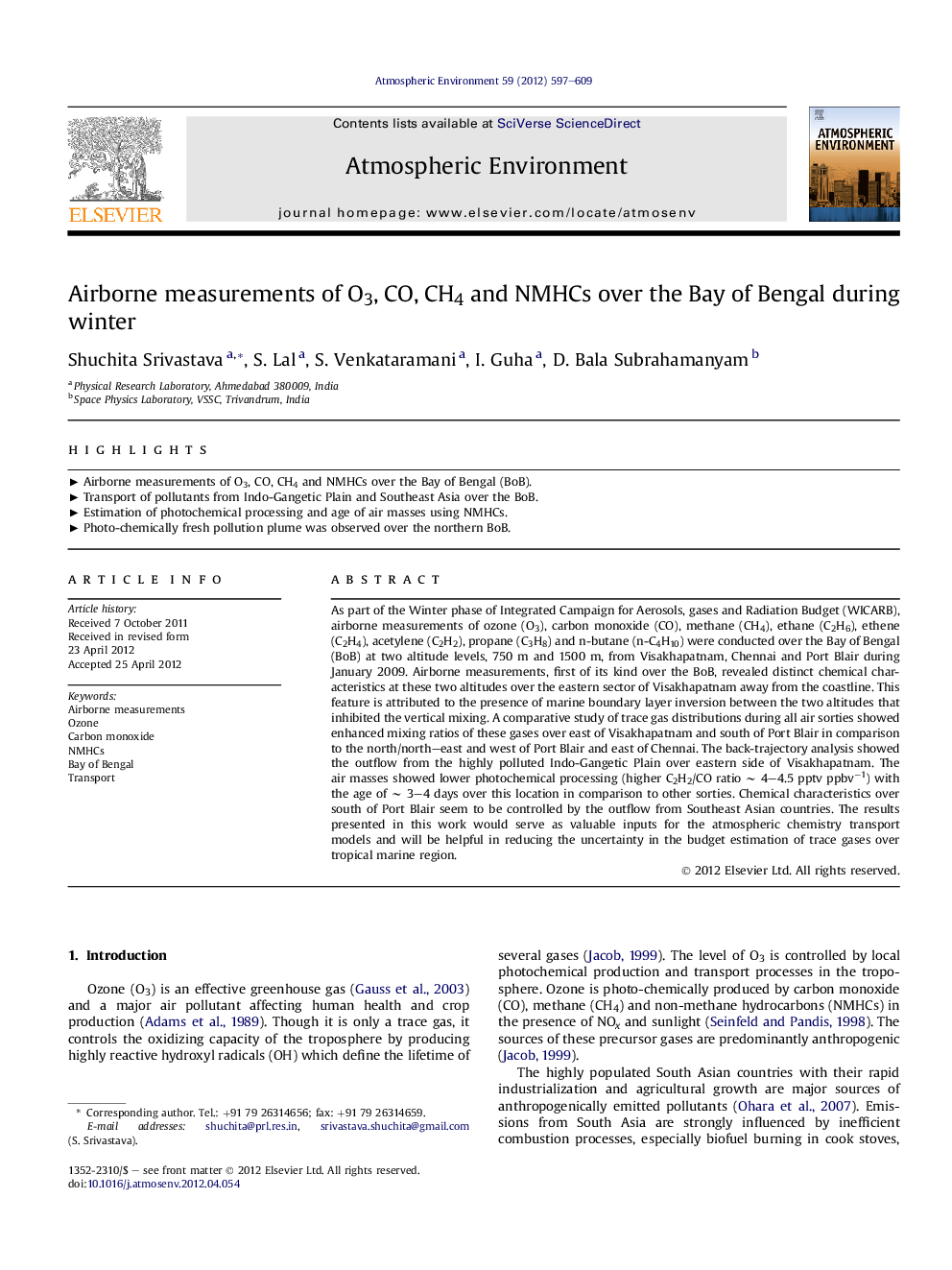 Airborne measurements of O3, CO, CH4 and NMHCs over the Bay of Bengal during winter