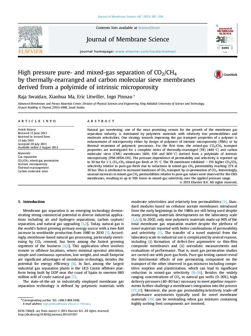 High pressure pure- and mixed-gas separation of CO2/CH4 by thermally-rearranged and carbon molecular sieve membranes derived from a polyimide of intrinsic microporosity