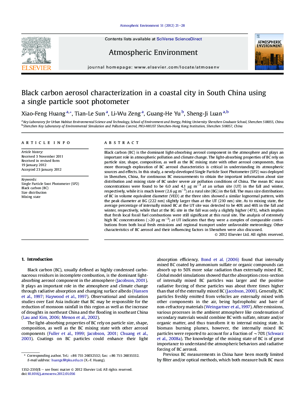 Black carbon aerosol characterization in a coastal city in South China using a single particle soot photometer