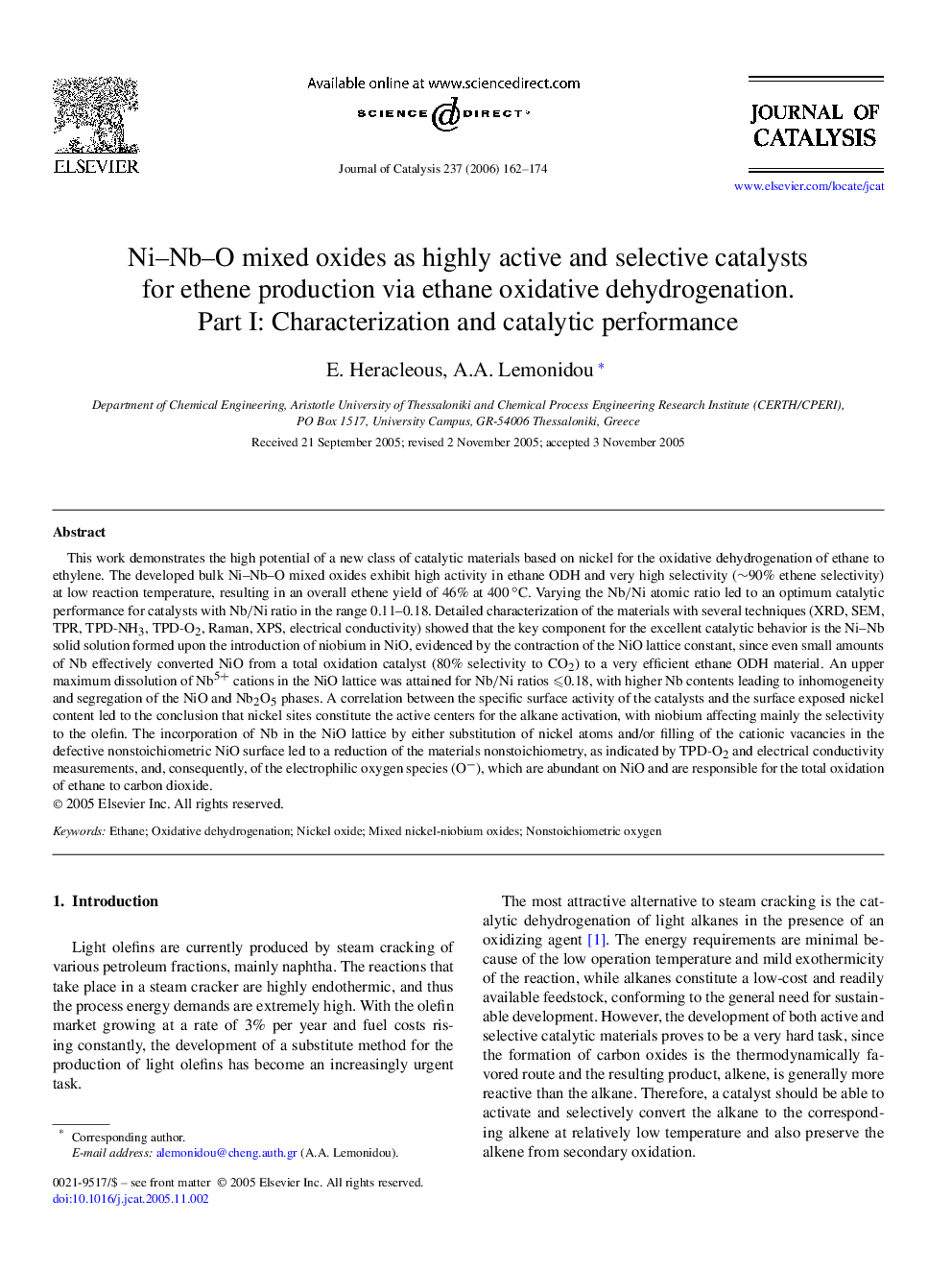 Ni–Nb–O mixed oxides as highly active and selective catalysts for ethene production via ethane oxidative dehydrogenation. Part I: Characterization and catalytic performance