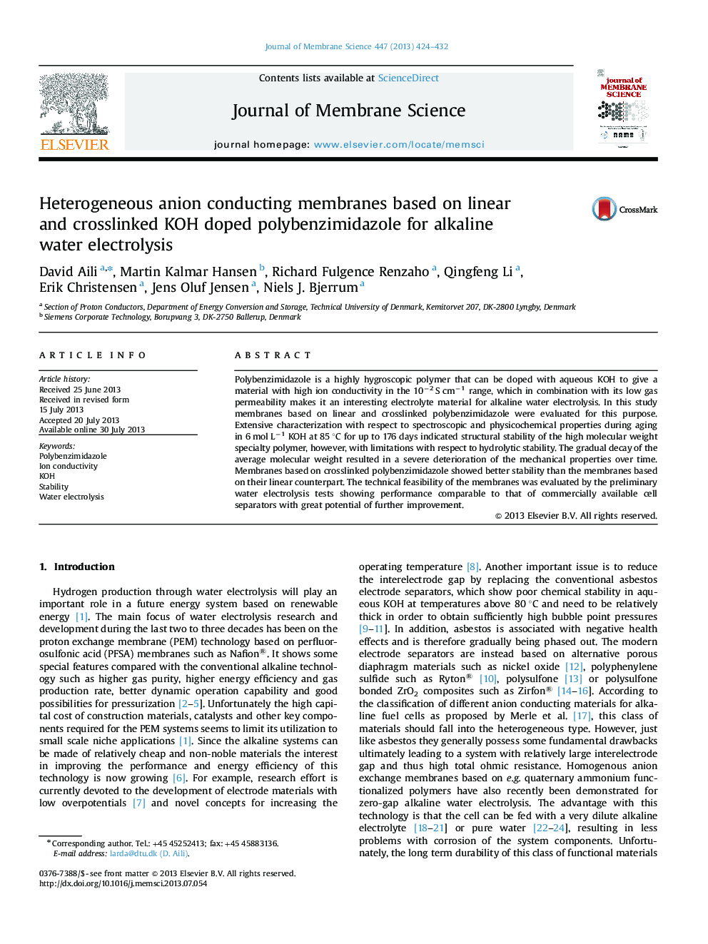 Heterogeneous anion conducting membranes based on linear and crosslinked KOH doped polybenzimidazole for alkaline water electrolysis