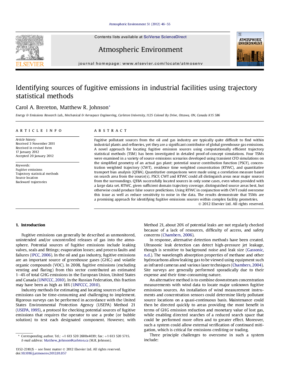 Identifying sources of fugitive emissions in industrial facilities using trajectory statistical methods