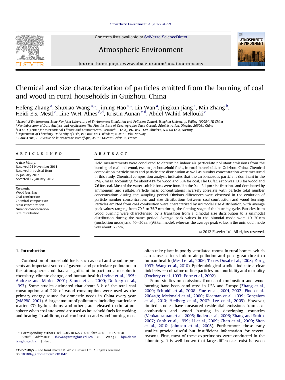 Chemical and size characterization of particles emitted from the burning of coal and wood in rural households in Guizhou, China