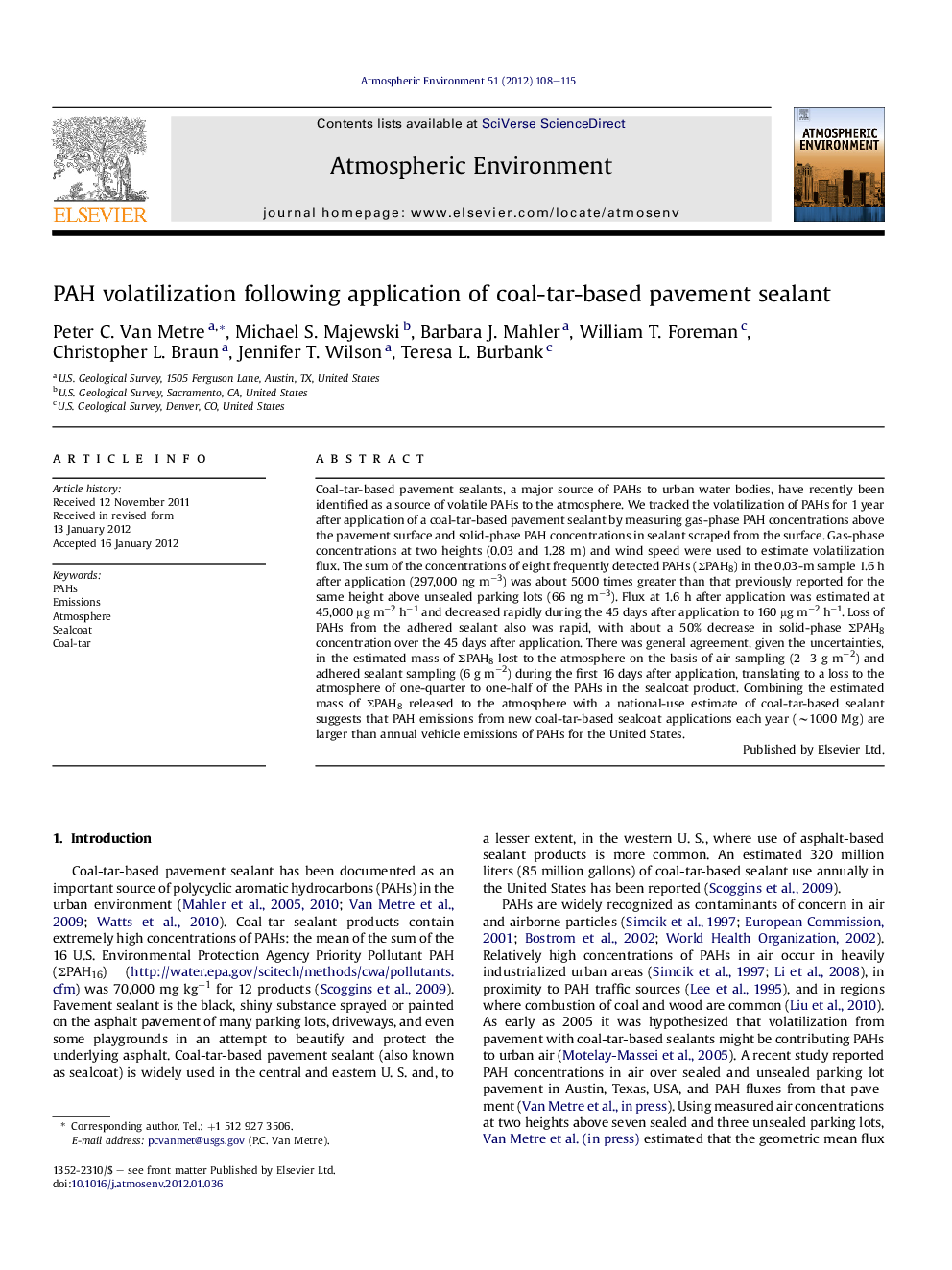 PAH volatilization following application of coal-tar-based pavement sealant