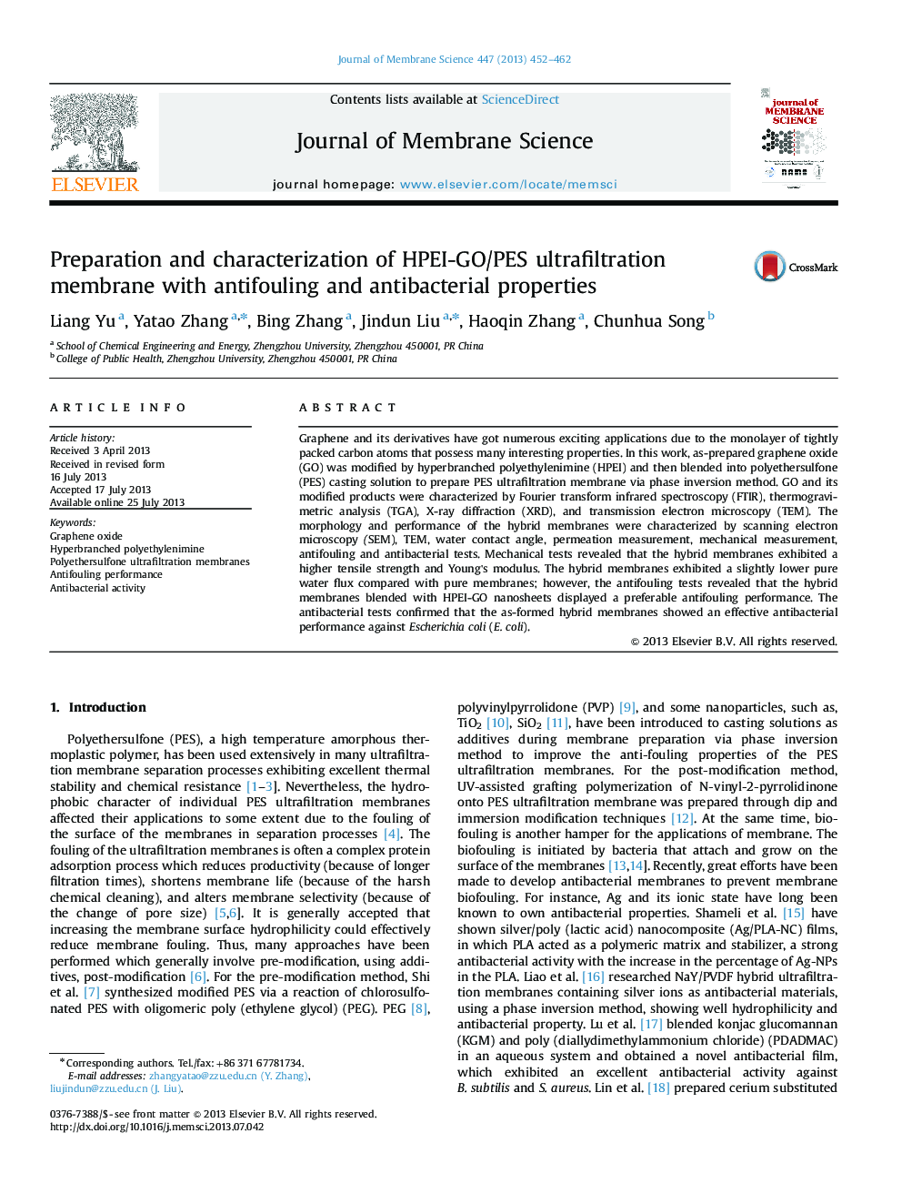 Preparation and characterization of HPEI-GO/PES ultrafiltration membrane with antifouling and antibacterial properties