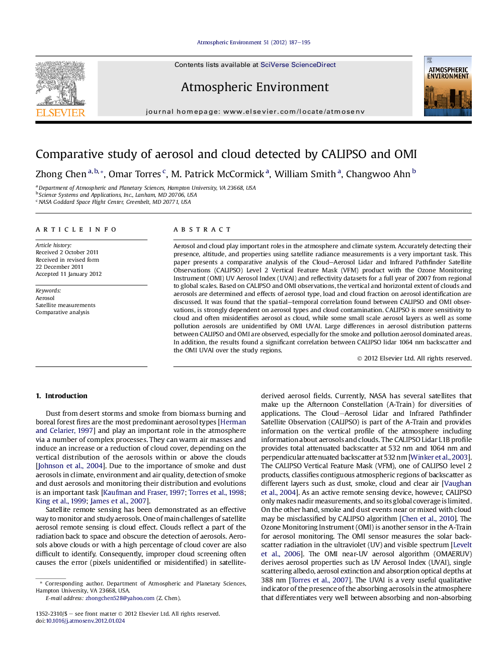 Comparative study of aerosol and cloud detected by CALIPSO and OMI